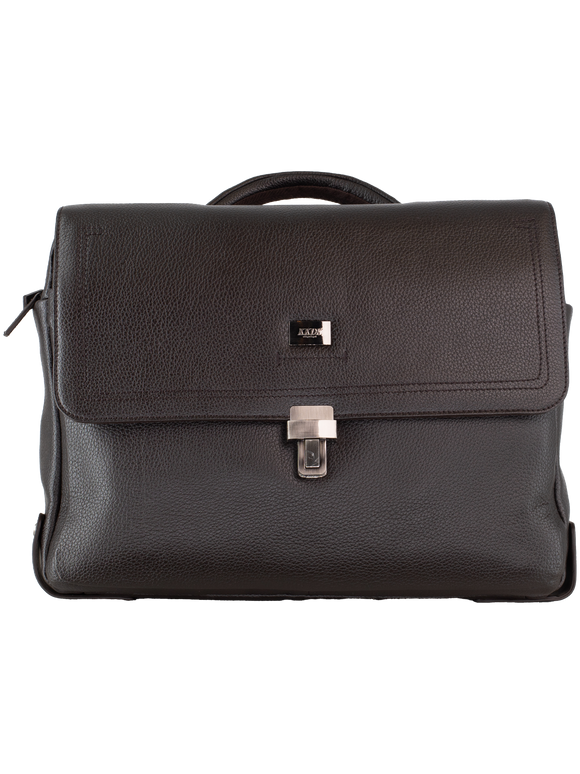 Front billede af computertaske i mørkebrun læder