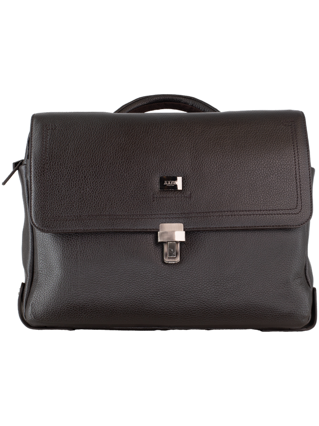 Front billede af computertaske i mørkebrun læder