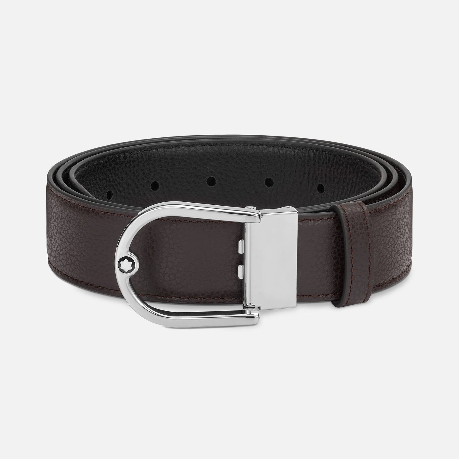 MONTBLANC HORSESHOE BUCKLE GRAINY EBONY/BLACK 35MM REVERSIBLE LEATHER BELT